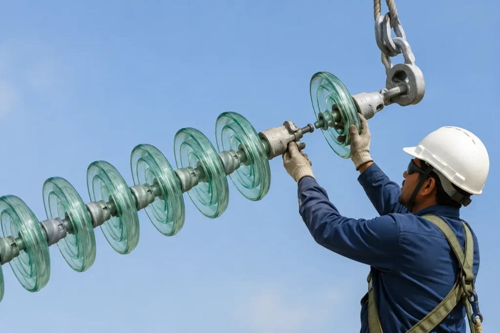 man making insulator string from insulator disc