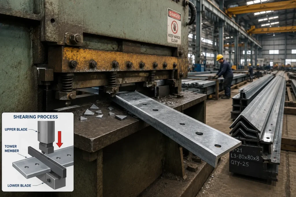 Cutting operation in fabrication of transmission tower Cutting operation in fabrication of transmission tower